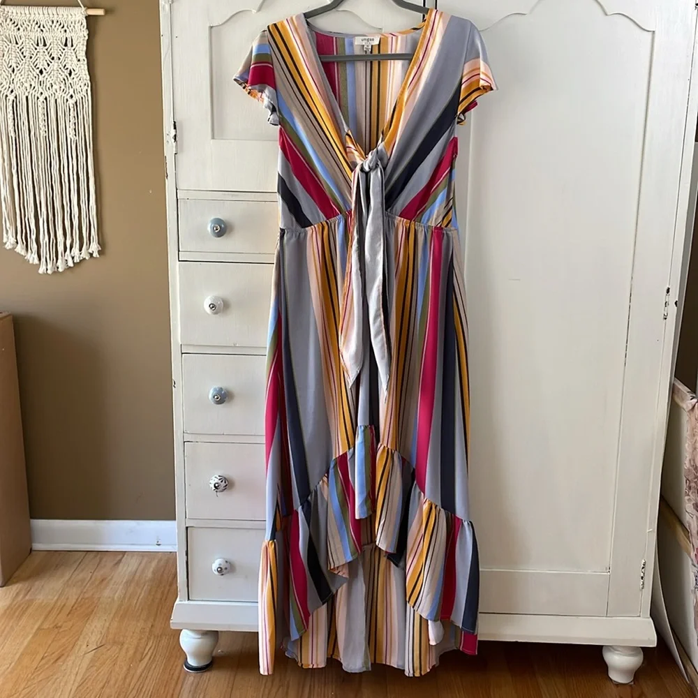 UMGEE Dress Asymmetrical  Multicolor boho Striped Hi Low maxi M